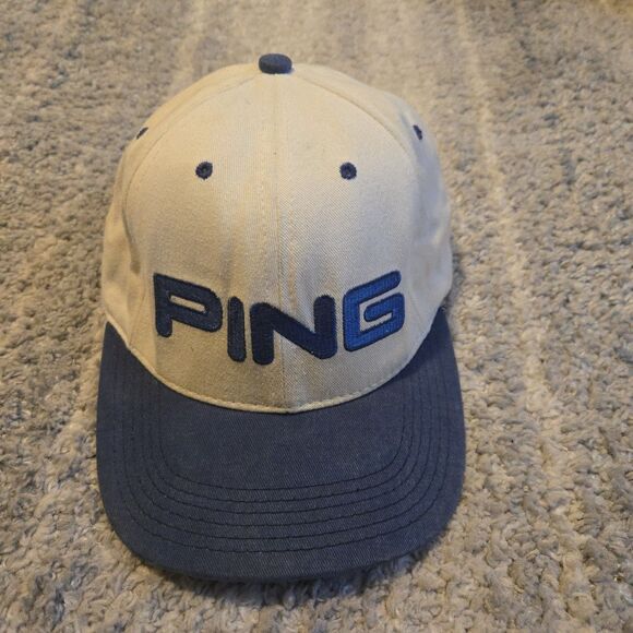Vintage Ping Logo Strap Back Hat White Made In USA Leather Strap - Picture 1 of 6